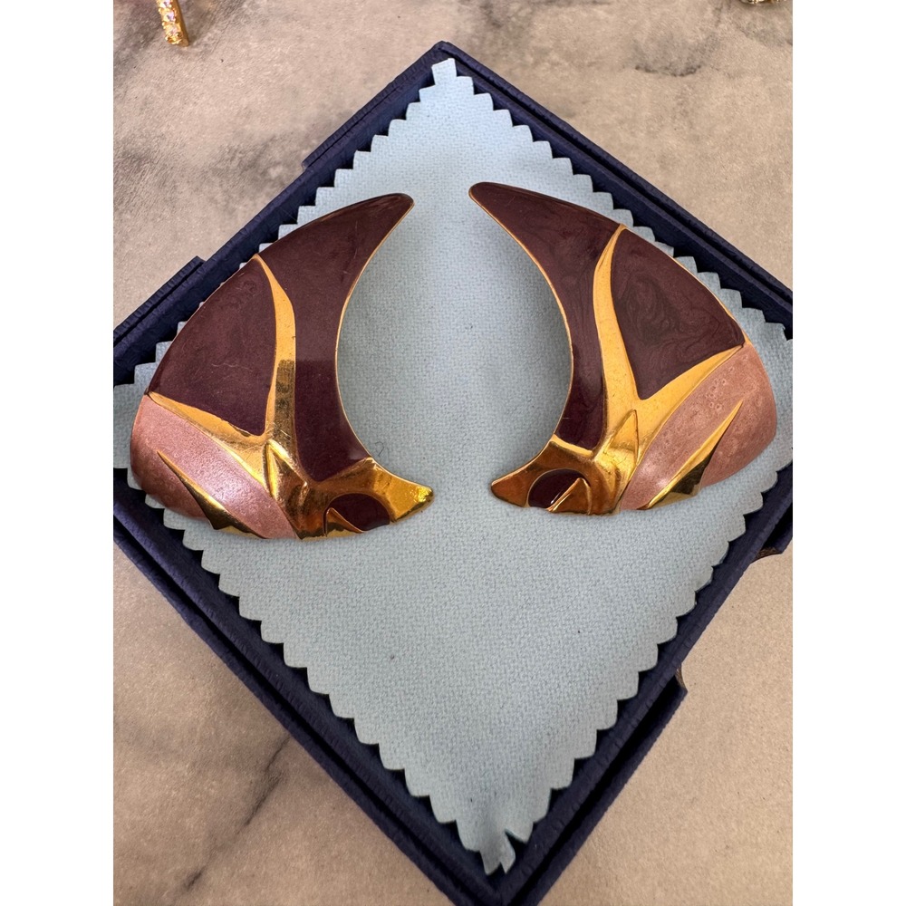 Vintage Gold Tone Enamel Abstract Wing Statement Earrings Burgundy Mauve